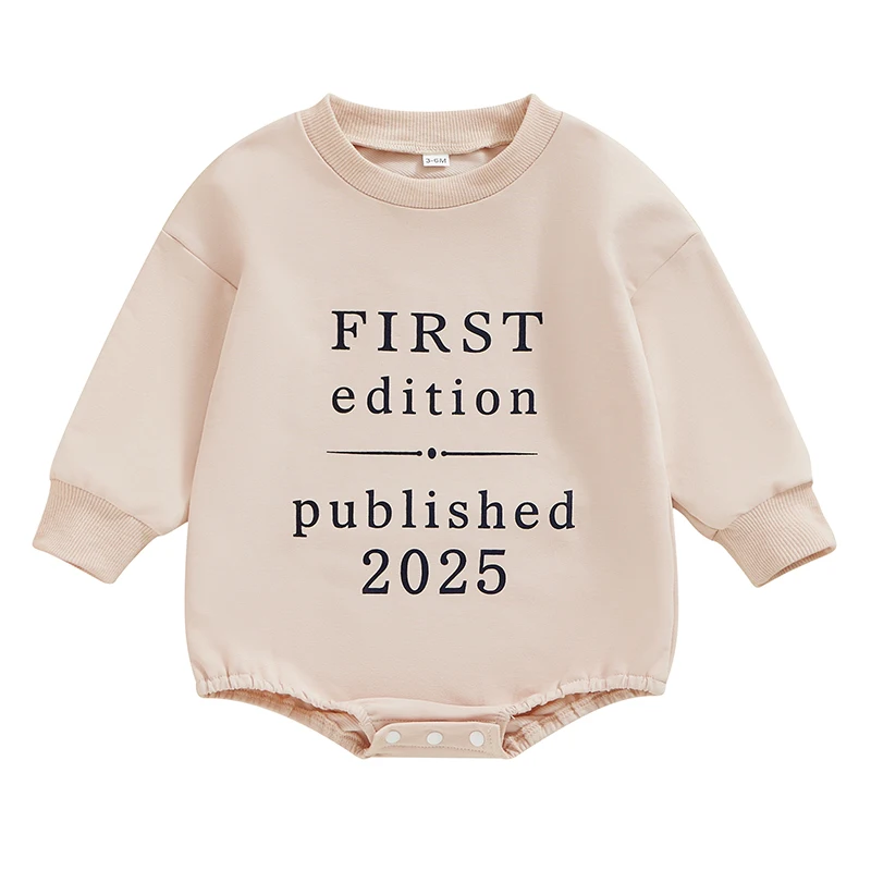 Pudcoco 2025 Baby Girls Boys Fall Bubble Romper Letter Print Round Neck Long Sleeve Sweatshirt Jumpsuit Streetwear 0-18M