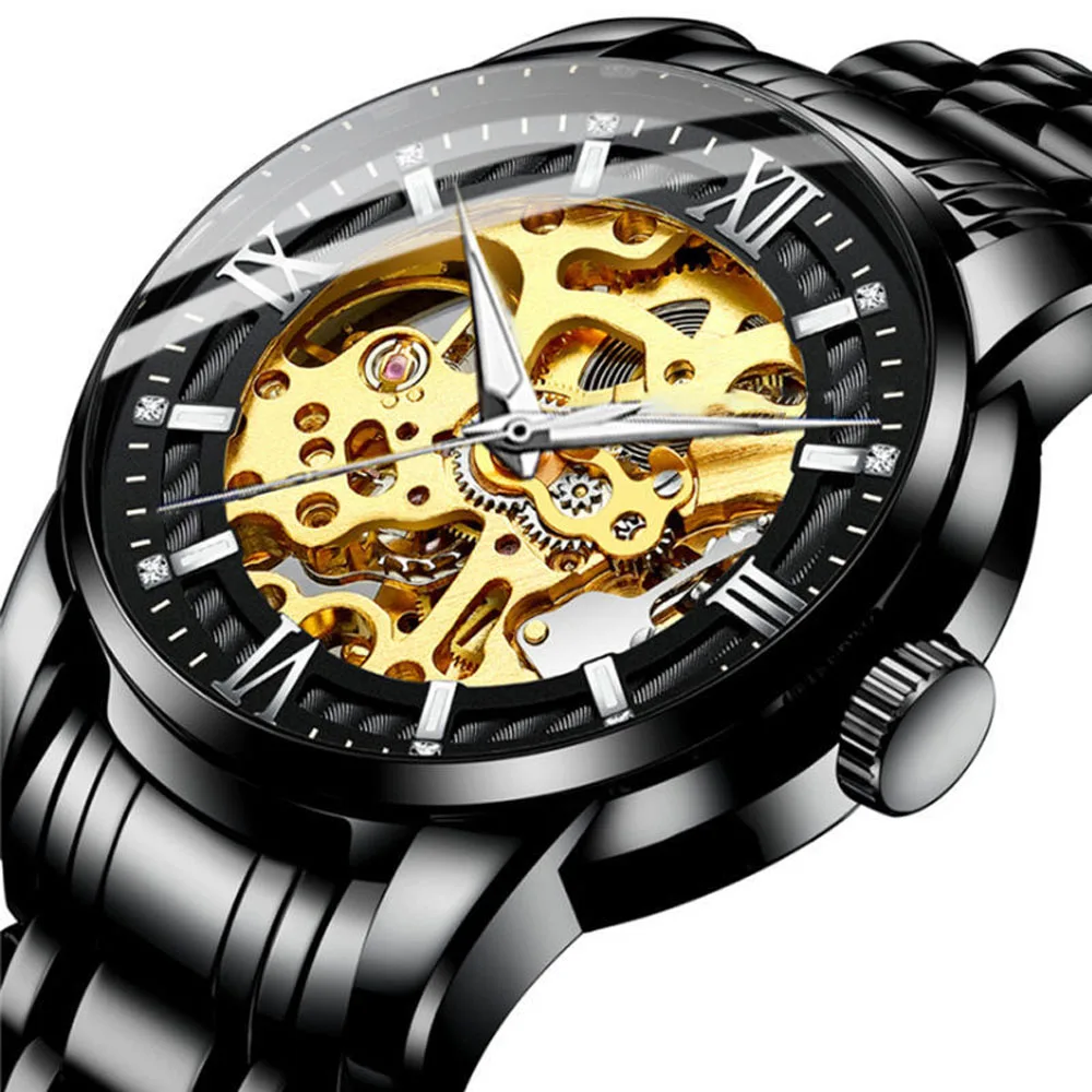 Men Mechanical Wrist Watch With Black Leather Strap Luxury Fashion Stainless Steel Skeleton Mechanical Watch For Business 2023