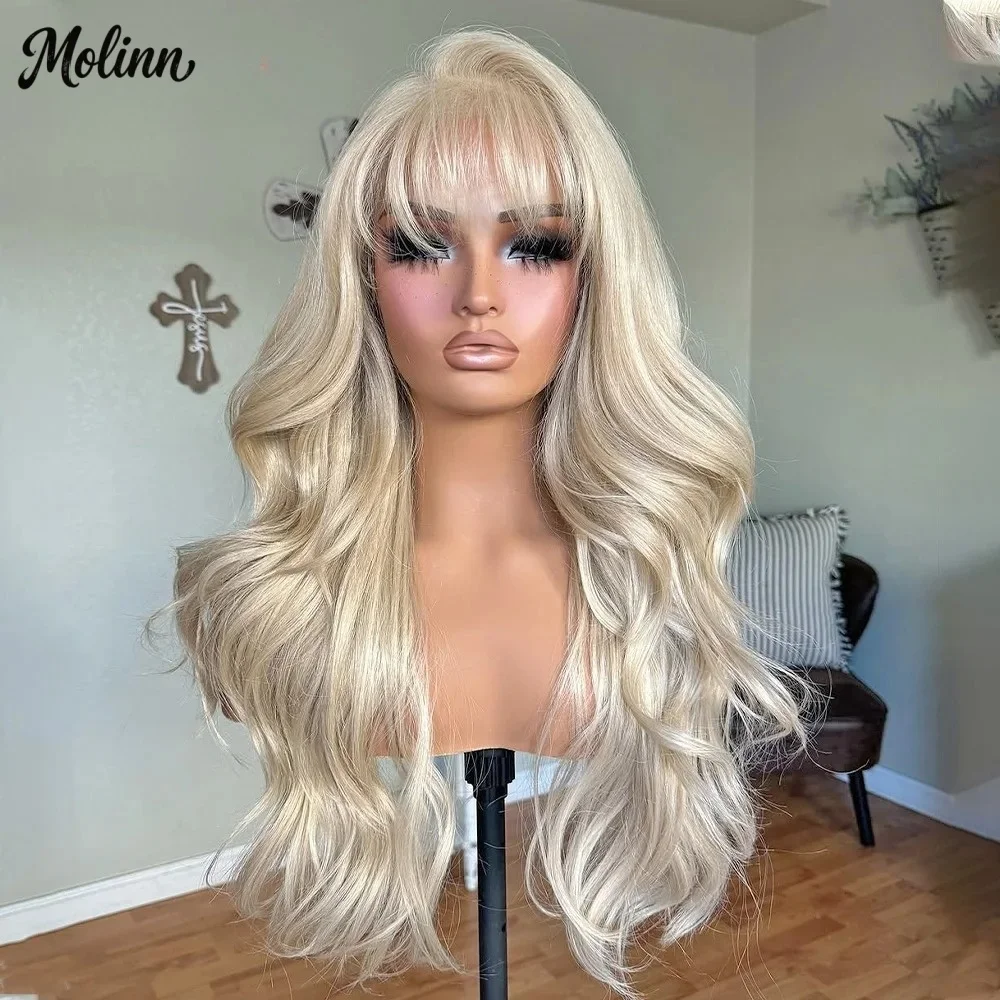 613 Blonde Body Wave Lace Front Wig with Bangs Women 13x4 HD Synthetic And Blend Premium Fibre Heat Resistant Party Wear Cosplay