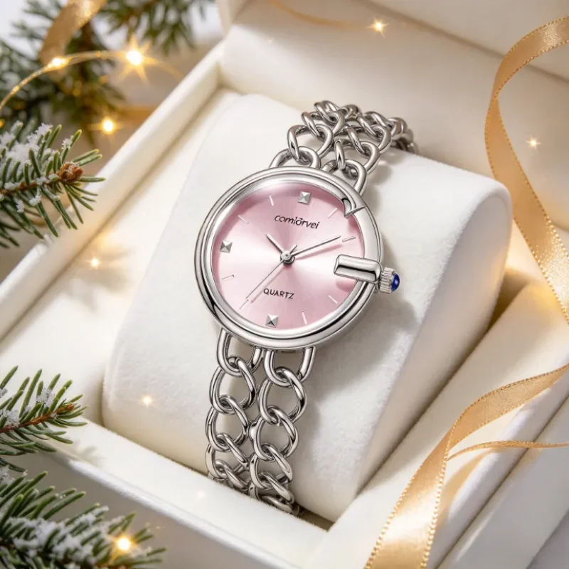 COMLOVEI Minimalist Round Quartz Ladies Watch for Office, Silver Double-Row Metal Bracelet, Brushed Dial with Triangle Hour Mark