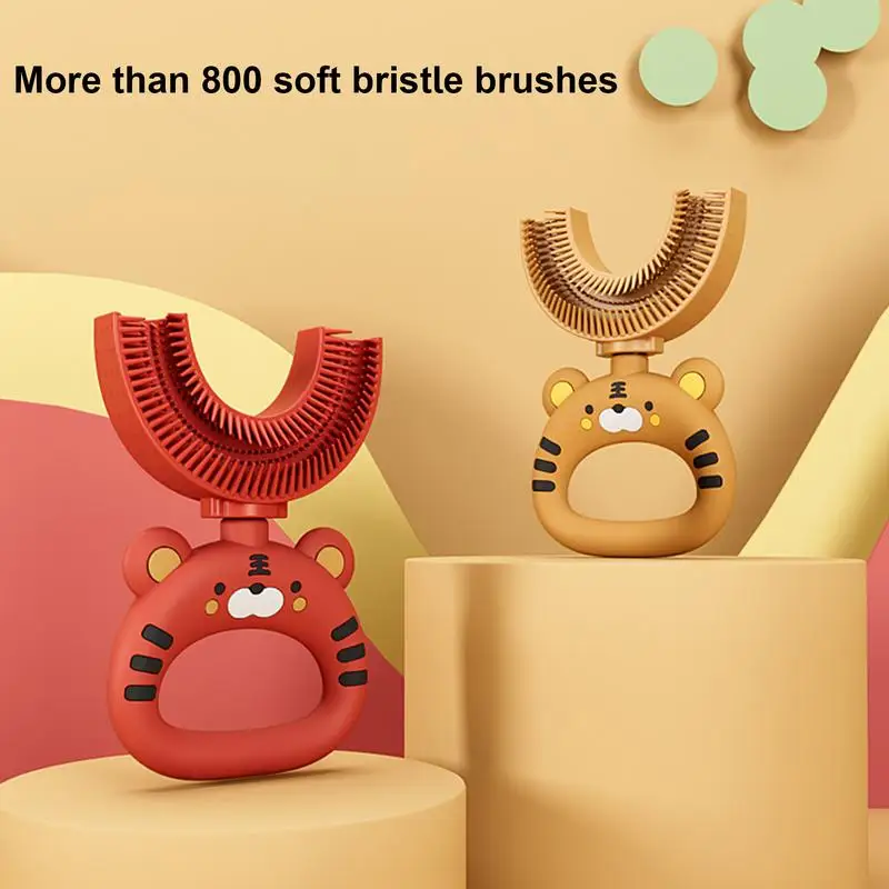 U Shaped Kids Toothbrush Cartoon Tiger Design 360 Degree U-shaped Child Toothbrush Teethers Brush Silicone Kids Oral Cleaning