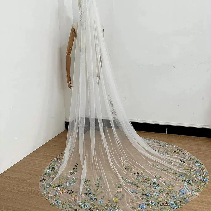 Elegant Bridal Veil With Delicate Hand-Stitched Floral Design And Multicolored Flowers Romantic Sheer Veil Long Train
