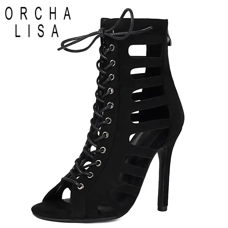 

ORCHA LISA Black Women Sandals Peep Toe Zipper Lace Up 10.5cm Stiletto Flock Suede Plus Size 41 42 43 Sexy Dating Shoes Footwear