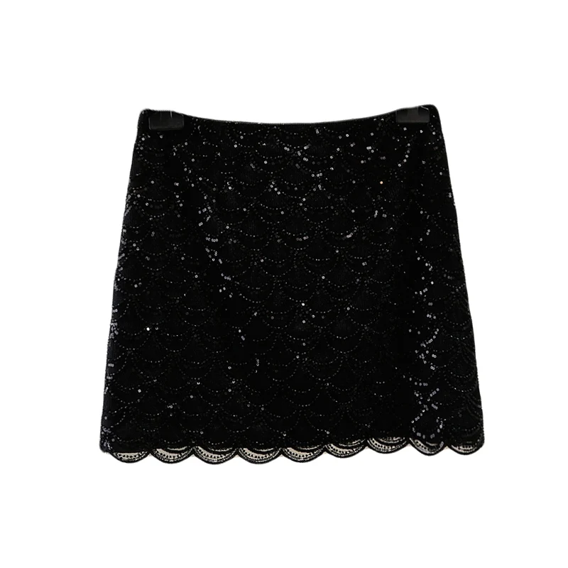 Heavyweight Beaded Design Asymmetrical Wave Hem A-Line  Skirt Women's High Waist Slimming ort Skirt Commute Sle ...