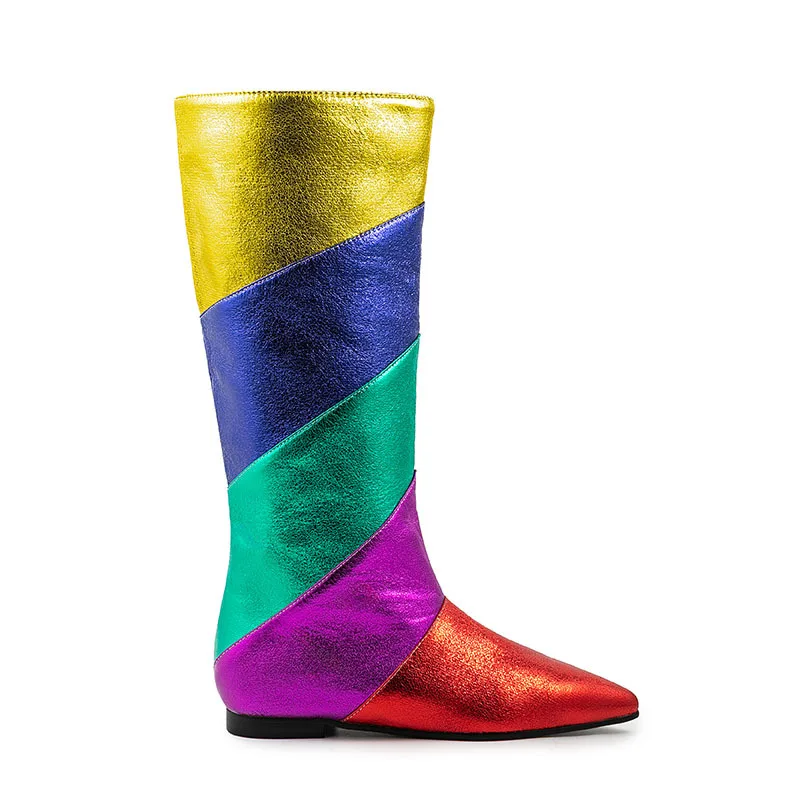 Flat Colorful Knee High Boots Pointed Toe Rainbow Booties Spring Daily Casual Shoes Dress Street Footwear Classic Rubber Sole