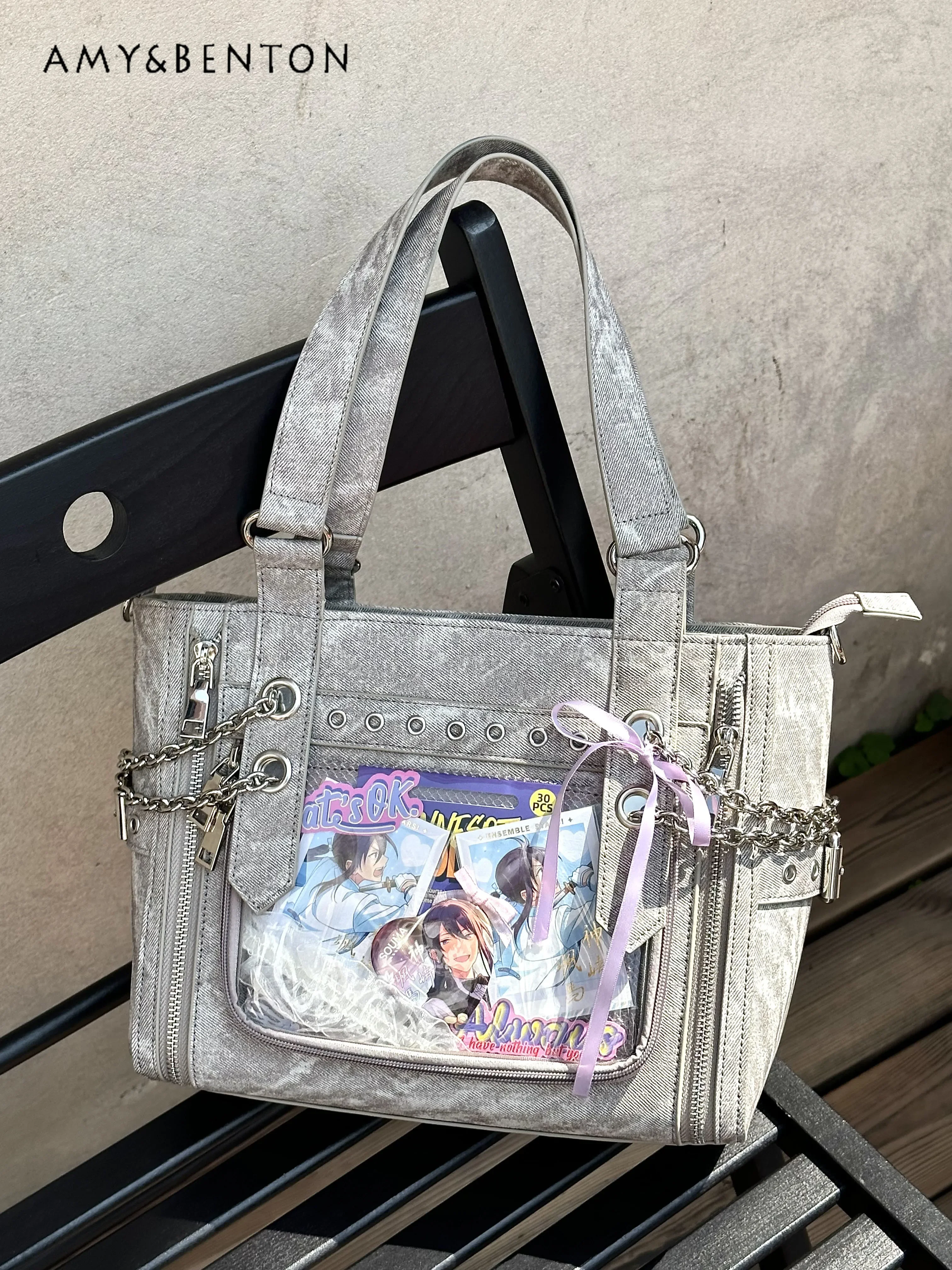 Original Cute Hot Girl Chain Denim Transparent Itabag Crossbody Bags for Women Preppy Style Versatile High-capacity Shoulder Bag