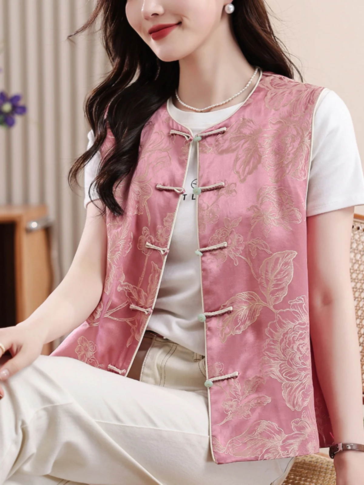 سترة نسائية وردية ثقيلة الوزن للربيع والصيف تصميم ريترو مطرز صيني Sle الاتجاه الوطني بأزرار علوية من القطن 00% #1
