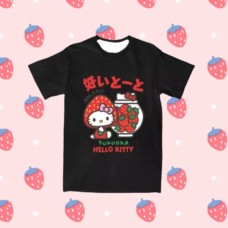 

MOTO-Летняя новая детская пляжная футболка с короткими рукавами и принтом «Hello Kitty» с клубничным принтом, модный топ в стиле ретро для спорта и отдыха