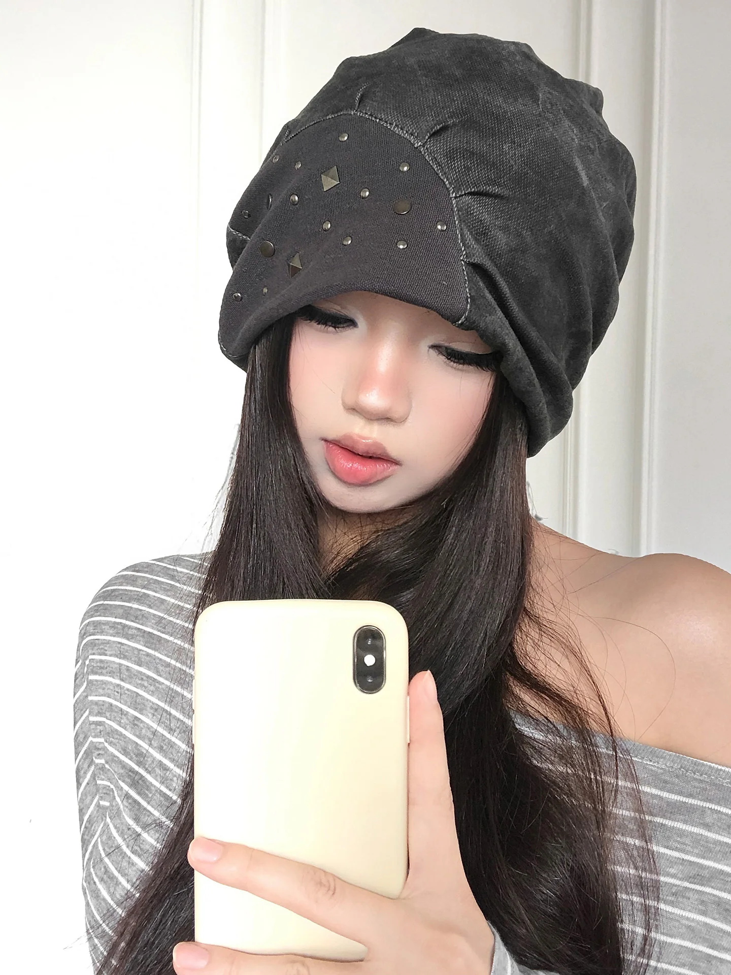 American Retro Rivet Splicing Thin Spring Summer Women's Hat Large Circumference Versatile Cold Hat Small Face Effect Bag Head
