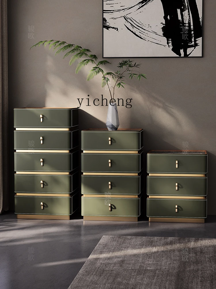 

HYS light luxury rock slab bucket cabinet living room saddle leather three bucket cabinet bedroom solid wood storage chest