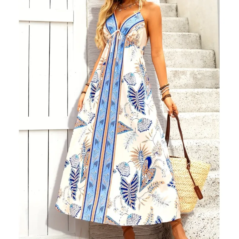 

Sexy Bohemian Floral Print Long Dress New Fashion Elegant Off-Shoulder Sleeveless Spaghetti Strap LOOSE V Neck Vacation Vestidos