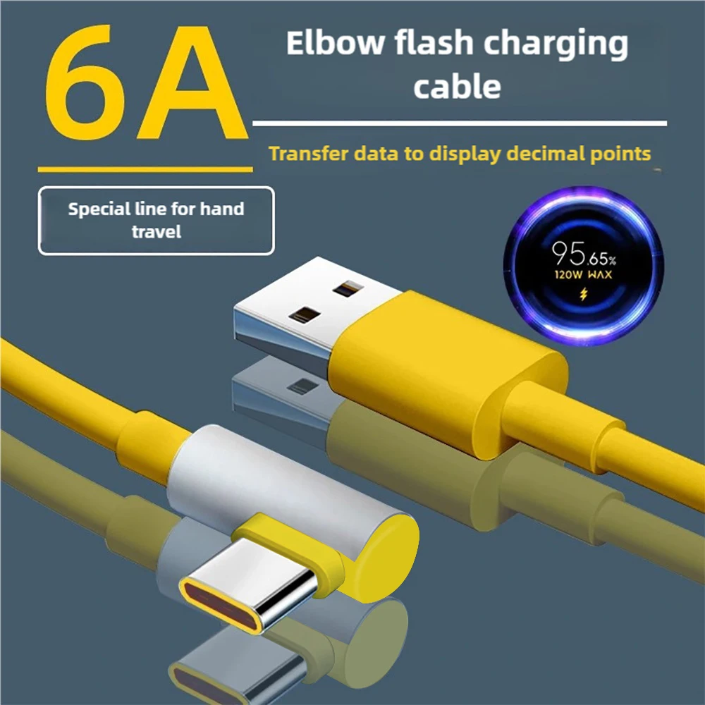 120W 6A  USB Type C Fast Charging Cable 90 Degree Elbow Type C Cable for Xiaomi Mi 13 12 11 Redmi Note 12 Pro Plus Turbo Poco X5