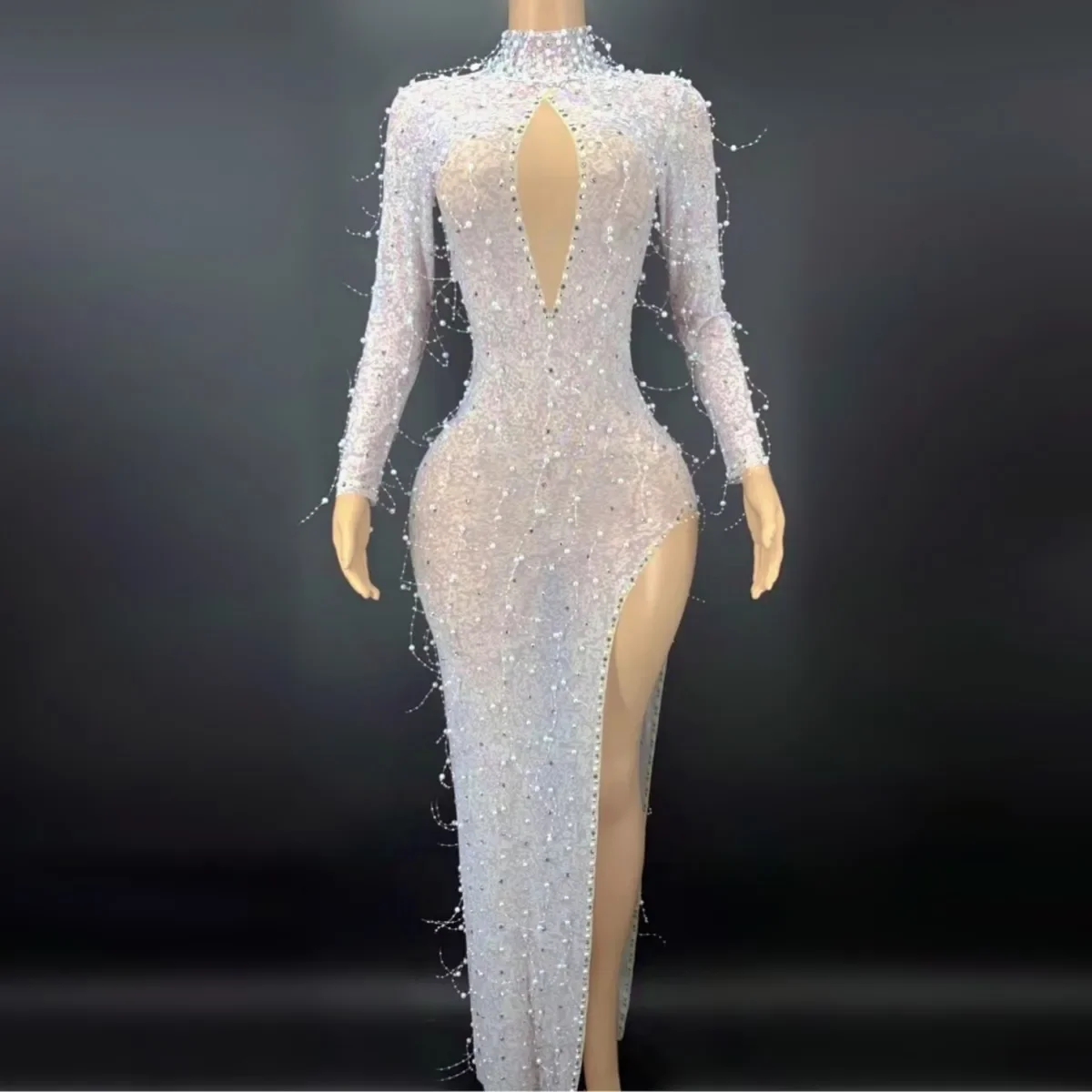 

Sexy Silver Rhinestone Sequins Long Sleeves Transparent Dress Evening Birthday Costume Women Dancer Celebrate Show Outfit