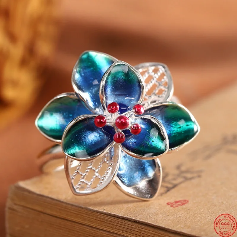 S999 Sterling Silver Charms Rings for Women New Fashion 3D Relief Enamel Flowers Ethnic Style Ancient Jewelry Wholesale