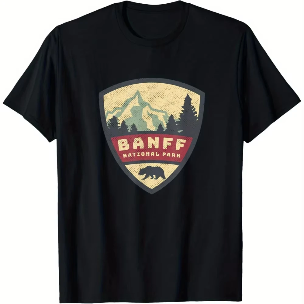 Men's Retro Banff National Park T-shirt, Landscape Mountain Design T-shirt, Suitable for All Seasons for Both Men and Women