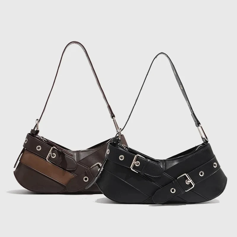 

Vintage Belts Deco Women Shoulder Bags Designer Armpit Bag Punk Motorcycle Bag Luxury Pu Leather Lady Handbag