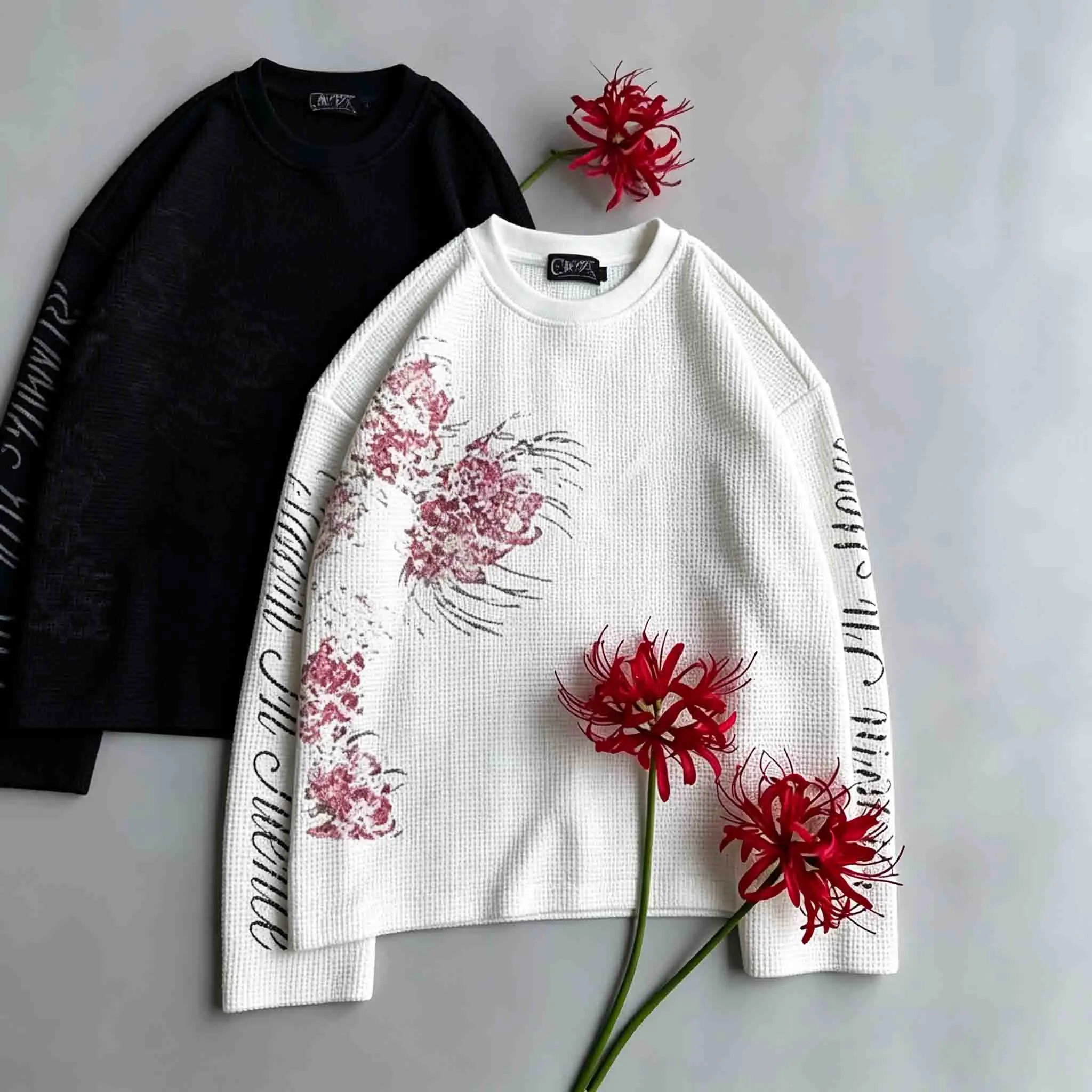 Men's/Women's Spider Lily Print Waffle Knit Long Sleeve Shirt, Gothic Floral Oversized Casual Tee 2026