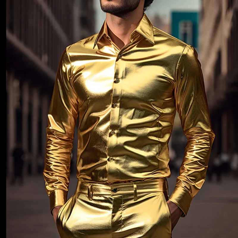 New Long Sleeved NightClub Party Shirt for Men Button Up Gold Shinny Stage Dress Shirts Costume Homme 2024 Hip Hop Shirt Outfits