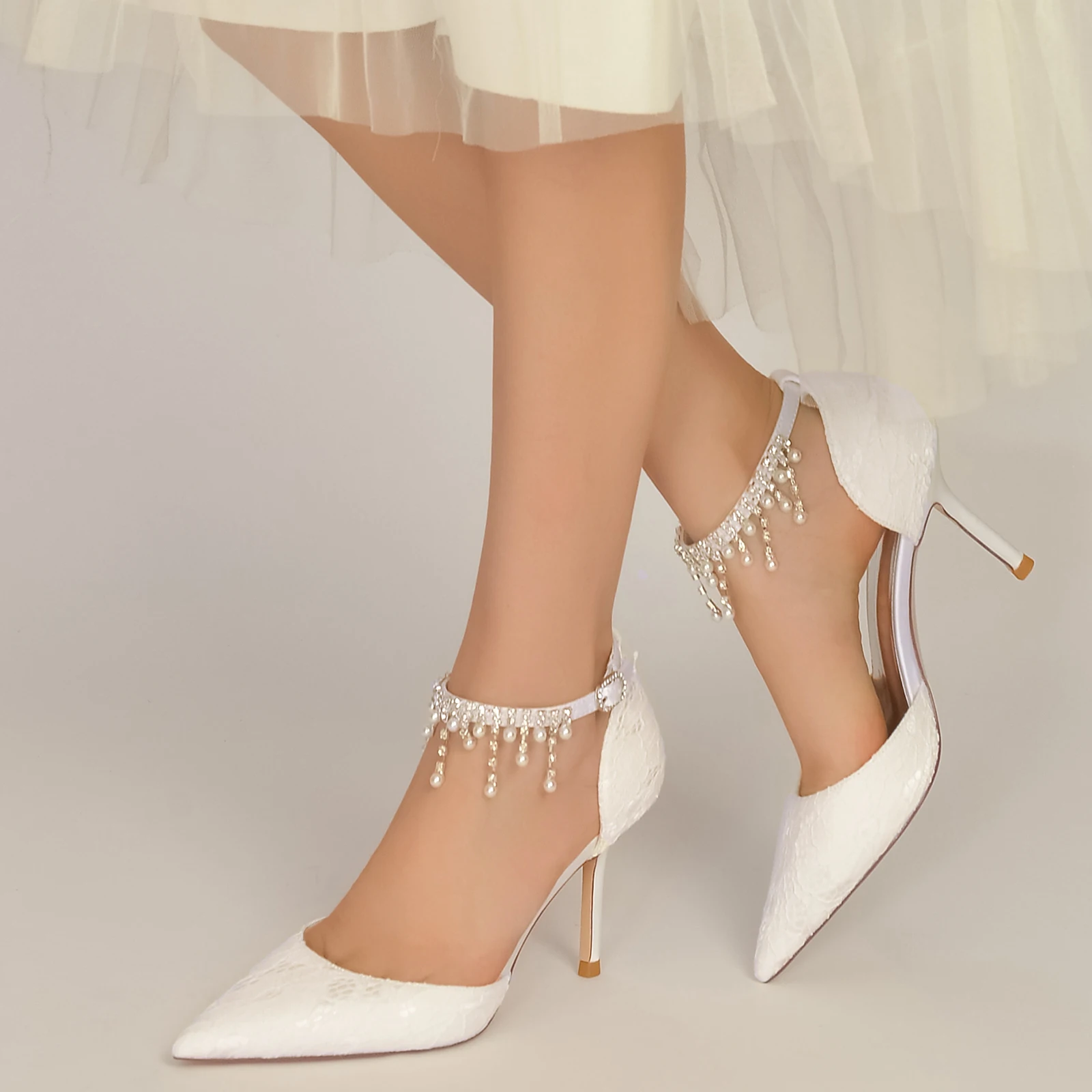 

Pointed Toe Lady Thin High Heels D'orsay Lace Shoes Pearls Tassel Ankle Strap Bridal Wedding Party Prom Cocktail Pumps Stiletto