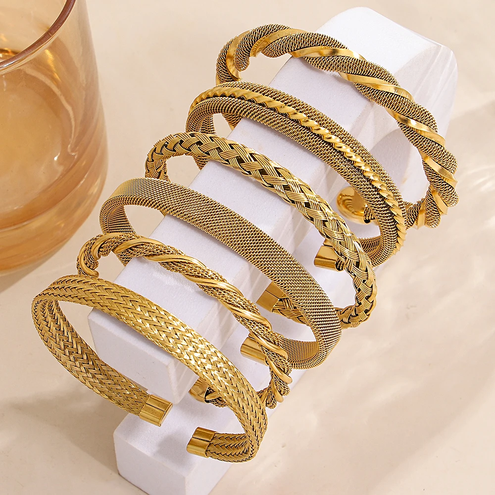Greatera Stainless Steel Bamboo Weaving Series Cuff Bangle Chunky Hand-woven Original Design Women's Exaggerate Bracelet Jewelry