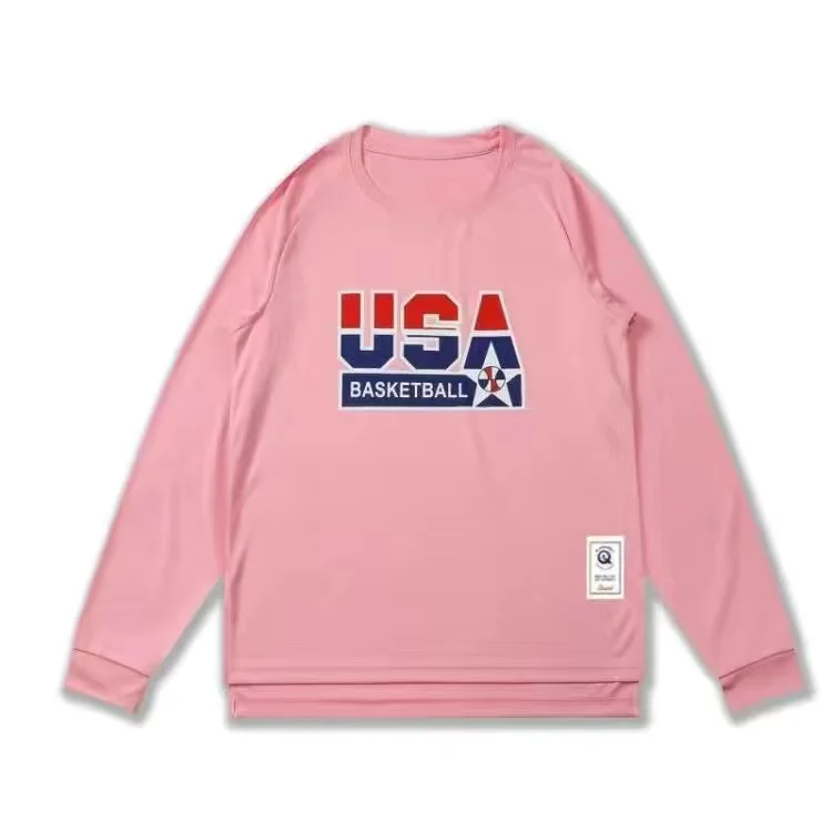 USA Men Tshirt Basketball Print Long Sleeve Shoot Training Fitness Sports Tee T-shirt Tops Breathable Elastic Varsity Pullover