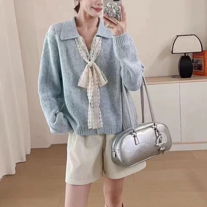 Sweet Lace Bow Decor Knit Cardigan Women Lapel Hollow Out Knitted Sweater Autumn Daily Casual Coat