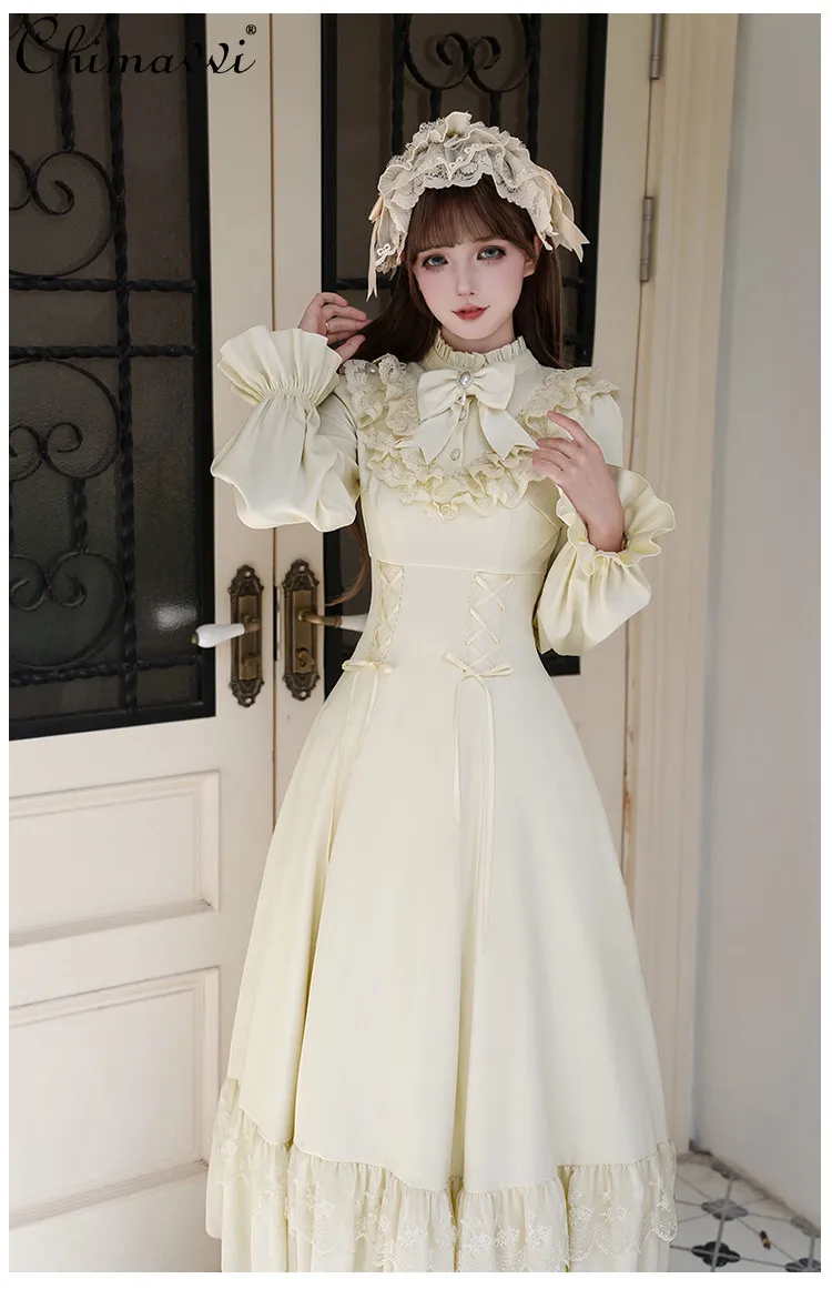 

Original Fairy Princess Elegant Long-sleeved Dress New Spring Autumn Sweet Bowknot Lace Patchwork Detachable Shawl Lolita Dress