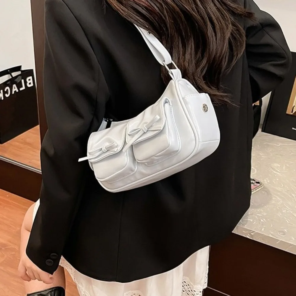

Multiple Pockets Bow Crossbody Bag Korean Style Y2K PU Leather Underarm Bag Adjustable Shoulder Strap Zipper Women Handbag