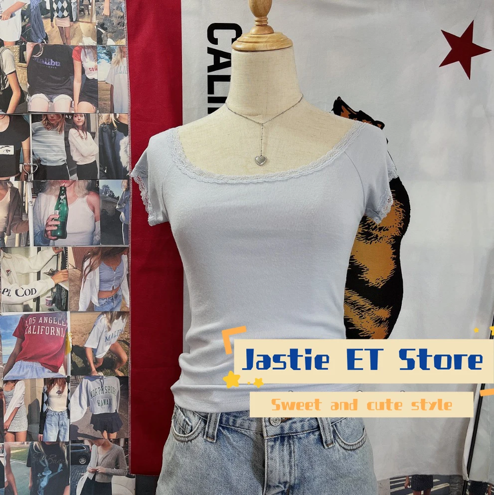 Amerikaanse Stijl Zwart Polka Dot Kant Korte Mouw T-shirt Vrouwen Sexy Slash Hals Slanke Retro Crop Top Katoenmix Korte Tees Shirt