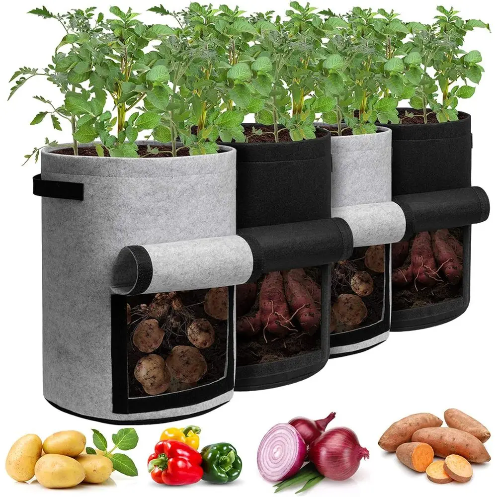 Potato Grow Bags with lap 10 Gallon, 4 Pack Planter Pot with Handles and Harvest Window for Potato, Tomato, and Vegetables, Blac