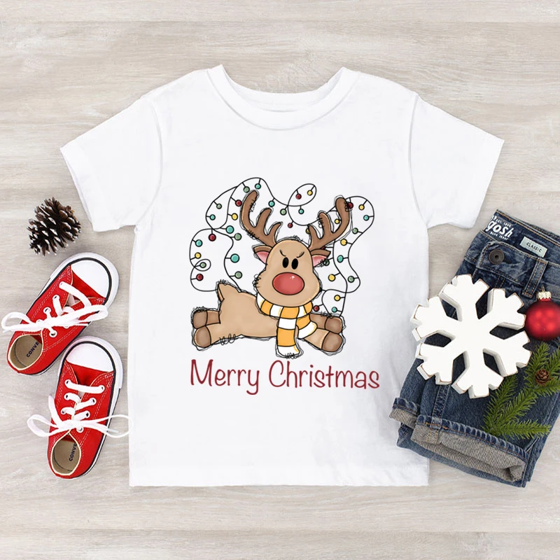 Merry Christmas Shirt Funny Cute Elk Printed T Shirts Short Sleeve Xmas Party Girls Boys Tops Cartoon Animal Fashion Kids Tshirt