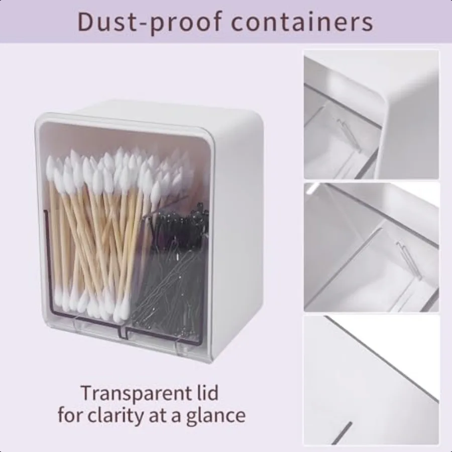 ที่ใส่ทิปแบบมี 2 ช่อง พร้อมฝาปิดใส แบ่งช่องได้ สำหรับใส่ทิปสำลีพันก้าน ทิปสำลีกลม ไหมขัดฟัน บนโต๊ะในห้องน้ำ