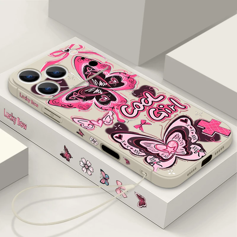 

Чехол для телефона с рисунком розовой бабочки для iPhone 17 Pro Max Air 16e 16 15 14 Pro Max 13 12 Pro 11 Мягкий силиконовый чехол из ТПУ с ремешком