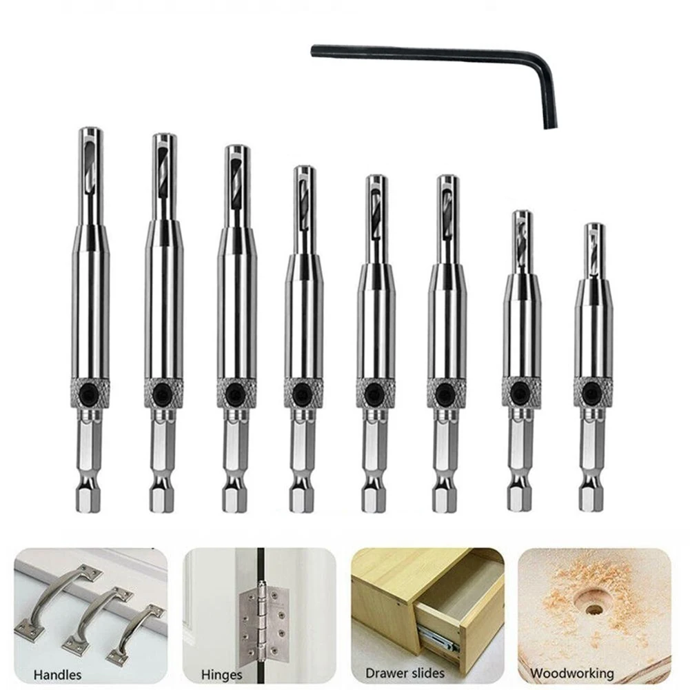 

8pcs Self Centering Hinge Drill Bits Set with Hex Wrench for Door and Cabinet Pilot Holes High Speed Steel HSS Hex Groove Design