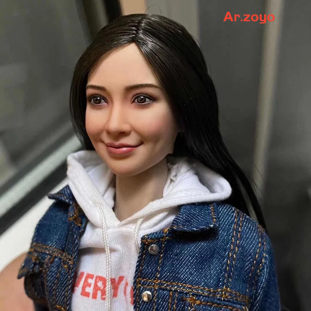 1/6 Female Angelababy Head Sculpt FX10 Black Long Hair Head Carving Model Fit 12\'\' Soldier Action Figure Body