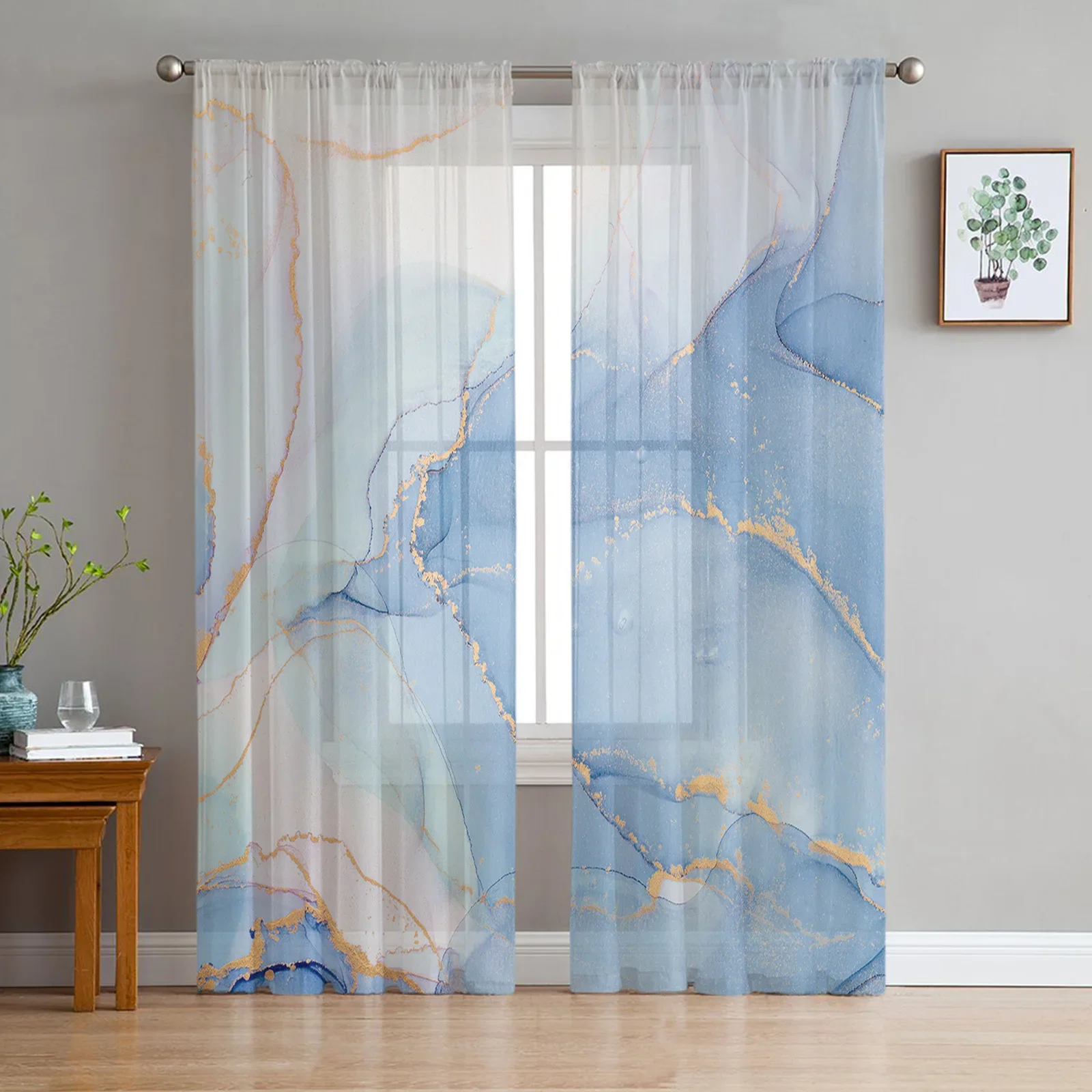 Marble Blue Ocean Curtains For Living Room Transparent Tulle Window Curtain Bedroom Decor Veil Drape