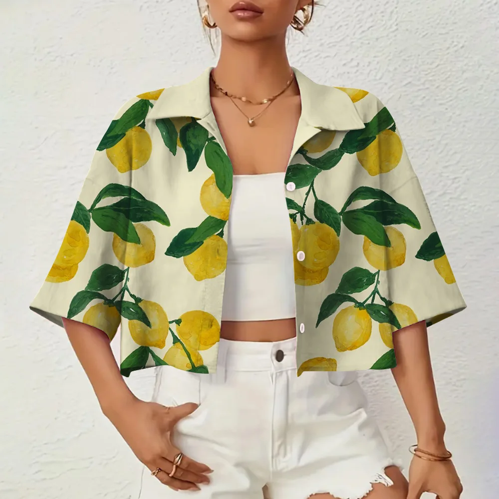 

Refreshing Lemon Print Women's Shirt Daily Leisure Women's Sumer Clothes Shirts & Blouses Top Short Sleeve Button Front Blouse