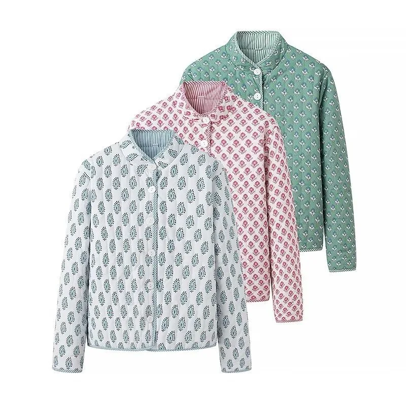 

2025 New Fashion Women's Quilted Jacket Fashion Double Sided Printed Jackets Stand Collar Long Sleeve Single Breasted Coat Women