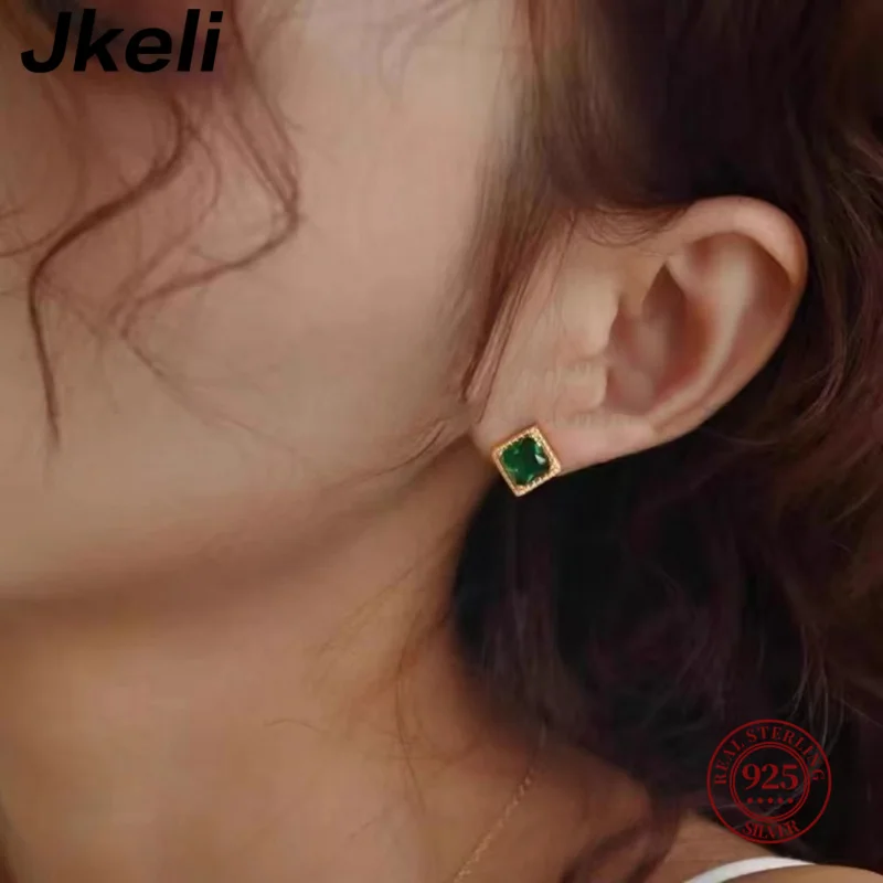 Jkeli 925 Sterling Silver Emerald Square Zircon Stud Earrings for Women Vintage Geometric Fine Jewelry Minimalist Accessories