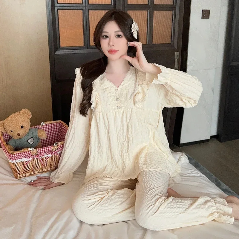 Plus Size Women Comfortable Pajamas Spring Sweet Homewear Clound Cotton Long Sleeve Trouser Set Sleepwear Can Be Worn Outside