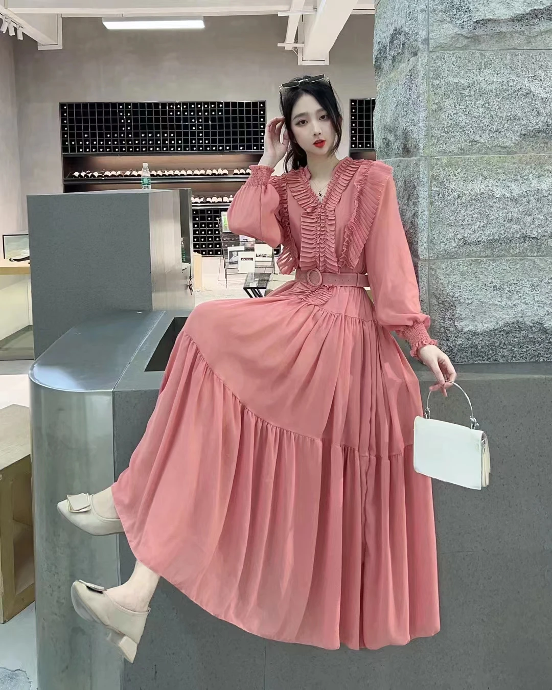 2024 New Spring Autumn Women V-Neck Long Sleeve Belt Slim Long Dress Sweet Pleated Edible Tree Fungus Patchwork Big Hem Dress