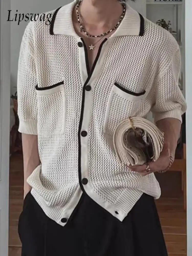 Camisas de punto a rayas vintage para hombre, tops de verano frescos y transpirables, cárdigans de punto calado, camisas elegantes con solapa para hombre