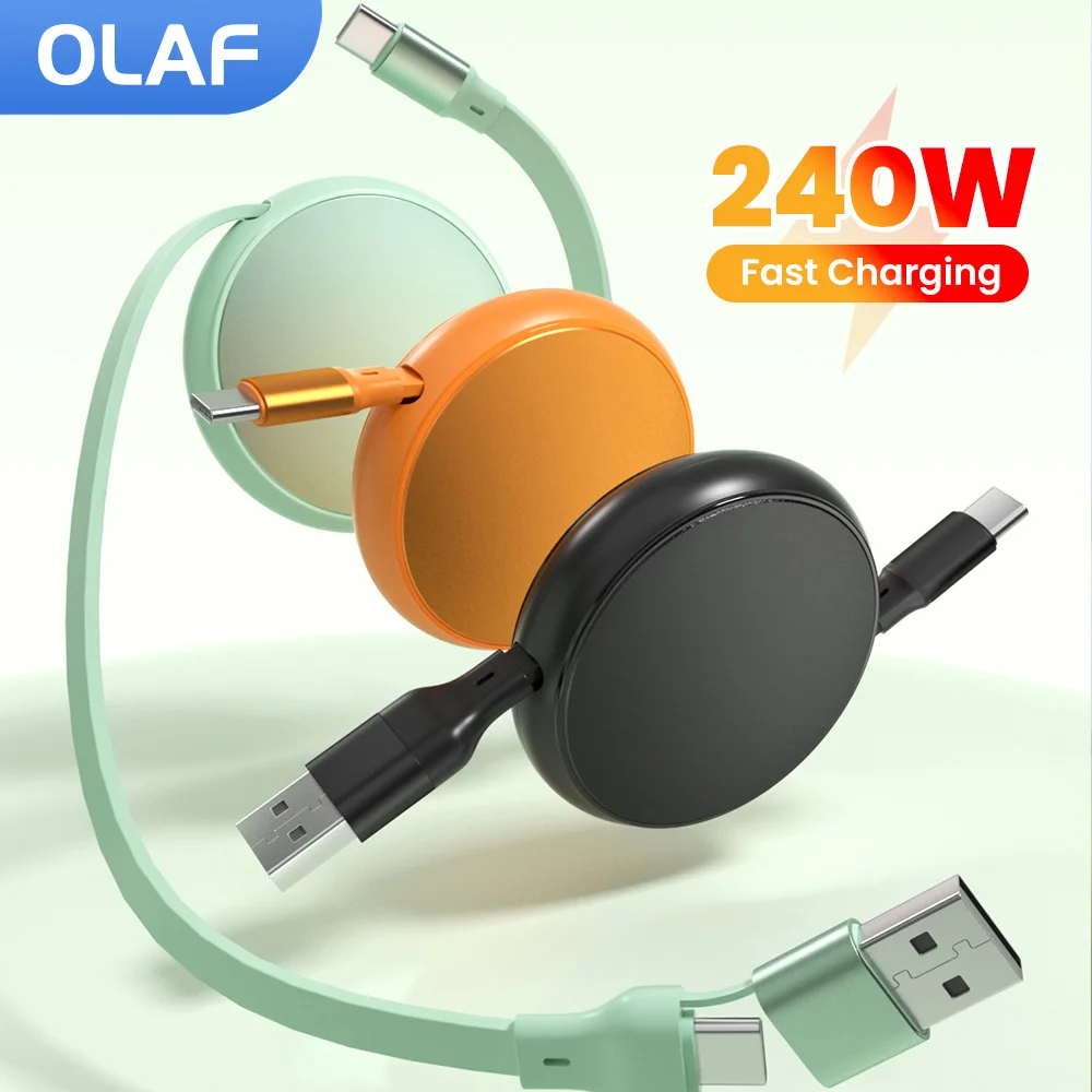 Cabo USB C Retrátil 2 em 1 de 240W, USB-A/Tipo C para Tipo C, Cabo de Carregamento Rápido para Carro, CarPlay para iPhone 15 16 17