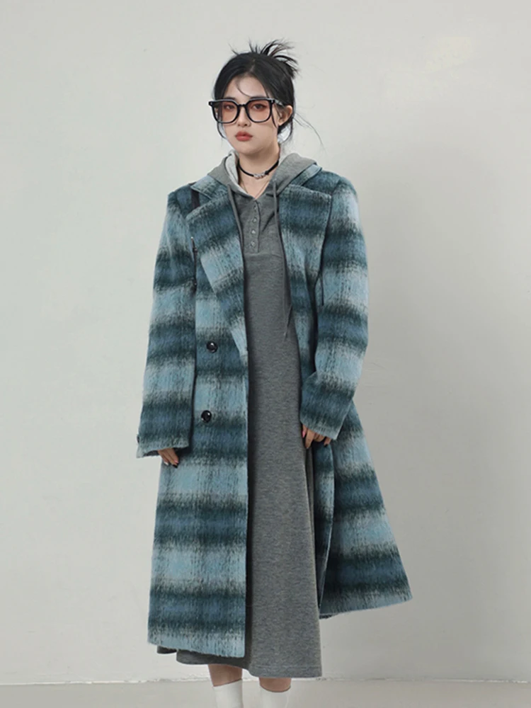 Lautaro Autumn Winter Long Warm Colorful Blue Plaid Woolen Coats for Women Shoulder Pads Double Breasted Korean Fashion 2023