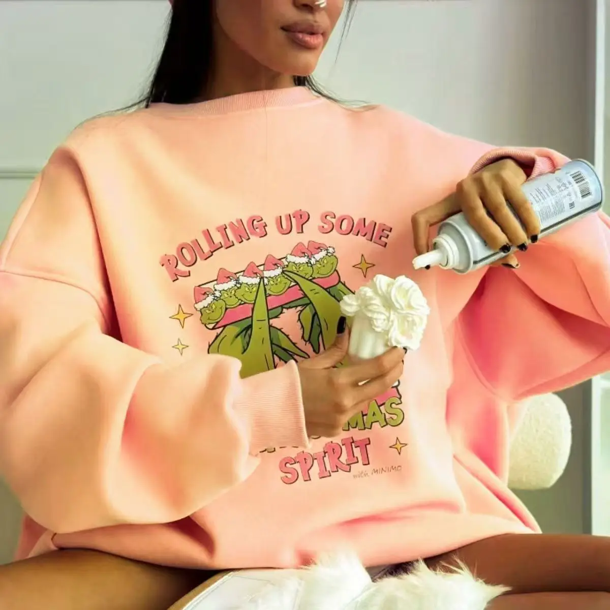 Kerst Russisch Plezier Handafdruk Oversized Sweatshirt Dames Dunne Herfst 2025, Hoodies O Hals Lange Mouw Losse Europese Mode