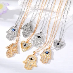 Hollow Zircon Heart Evil Eye Hand Hamsa Necklace Women Bling Lucky Blue Eye Fatima Hand Sweater Clavicle Chian Wedding Jewelry