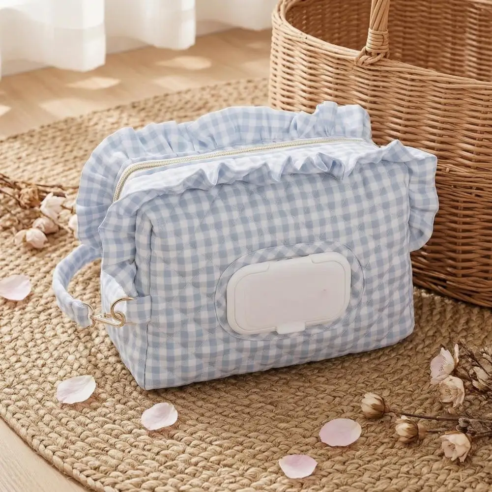 Quilted Diaper Wipes Bag with Hanging Strap, Dual Compartment Zipper Large Capacity Dispenser for Stroller Travel