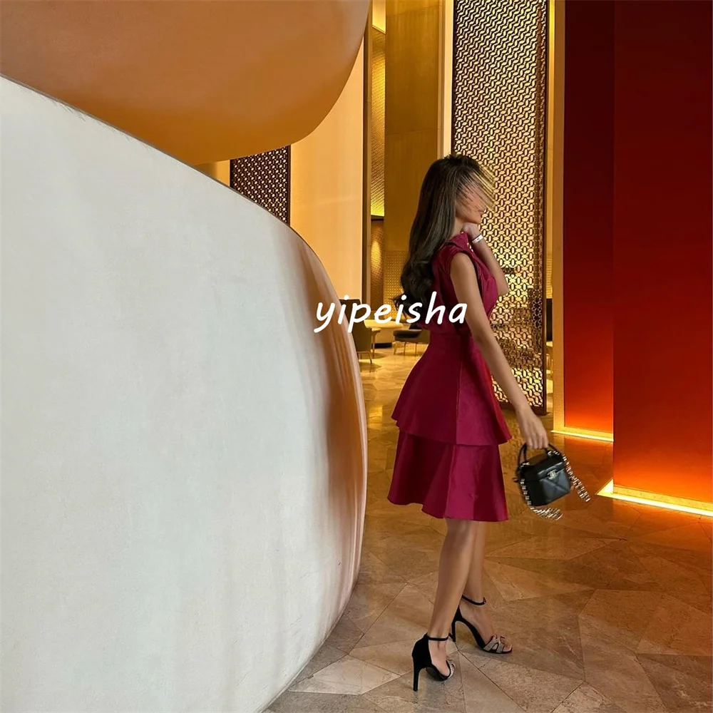 Customized Sizes Available Modern Style Pleat Sash Tiered A-line High Collar Knee Length Dresses Bespoke Occasion Dresses Sexy