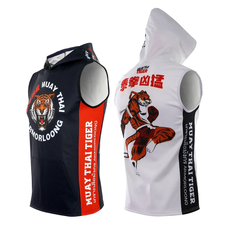 Boxing Hoodies Tiger Muay Thai Shirt Hooded Sleeveless Rashguard Jiujitsu White Black Fight Kickboxing Jacket BJJ MMA Clothing