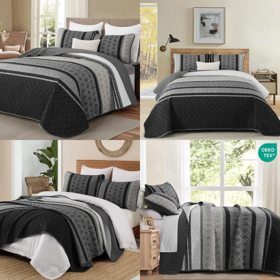 

Quilt Set Dark Grey, Striped Bedspread, Spring Bedding Sets 3 Pieces Micofiber Lightweight Mens Quilts with 2 Pillow Shams Cove